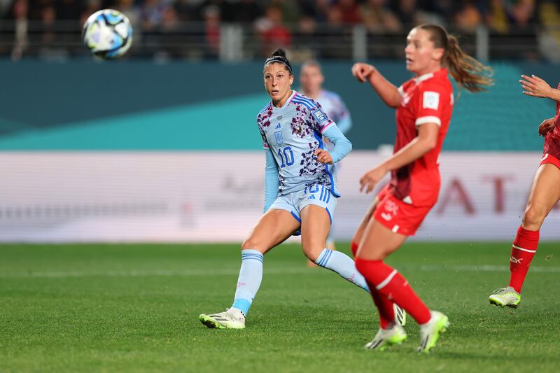 Jennifer Hermoso scores Spain's fifth goal during the Women's World Cup match against Switzerland at Eden Park in Auckland. Photograph: Phil Walter/Getty Images