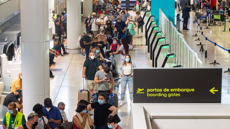 Passengers wait for hours for their flights due to a strike by the handling company, Groundforce, at Lisbon Airport,  Lisbon, Portugal. Photograph: Jose Sena Goulao/EPA