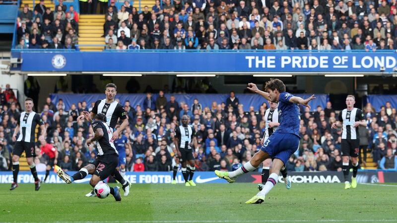 Marcos Alonso scores for Chelsea.