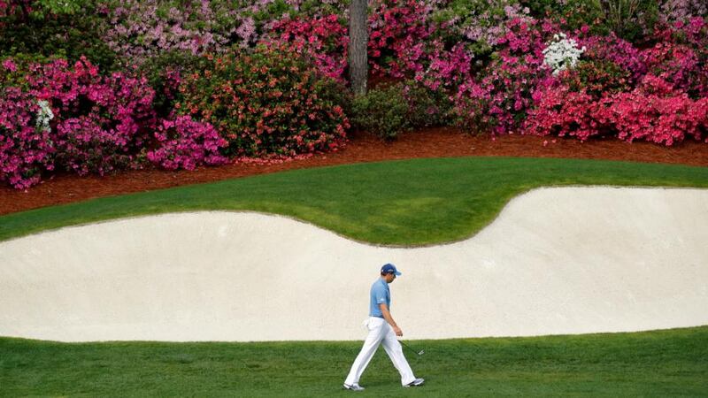 Sergio Garcia walks onto the 13th green during the final day of practice for the 2018 Masters. Photograph: Mike Segar/Reuters