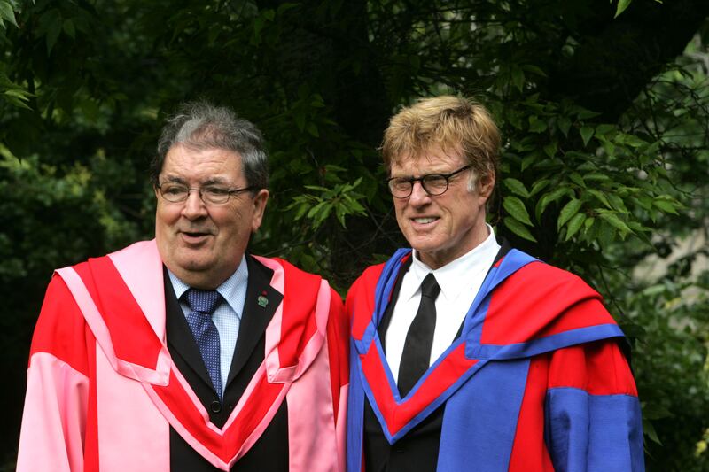 Robert Redford and John Hume after receiving honorary degrees from Trinity College Dublin in July 2008. Photograph: Cyril Byrne/The Irish Times