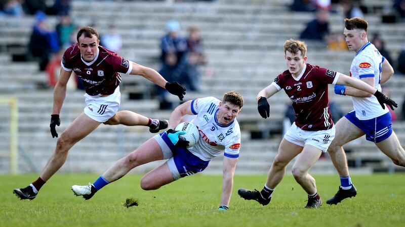 Monaghan’s Darren Hughes and John Maher of Galway compete during the weekend's game. Photograph: Inpho