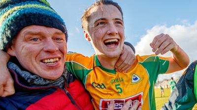 Kieran Molloy celebrates after Corofin’s win over Moorefield at O’Connor Park in Tullamore. Photograph: James Crombie/Inpho