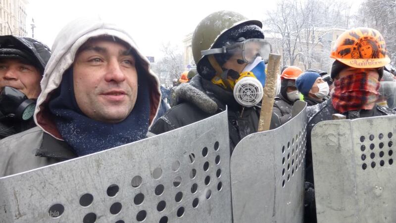 Roman Shurov (left) protesting in Kiev today. Photograph: Dan McLaughlin
