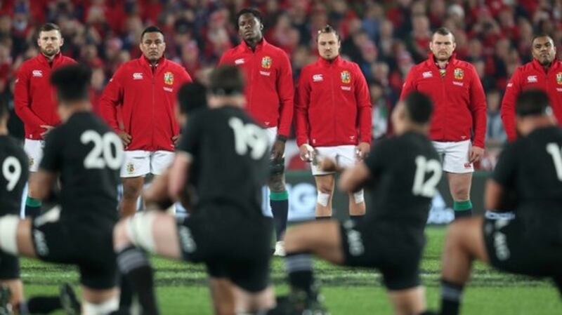 Jack McGrath and the Lions stare down the Haka before the drawn third Test. Photograph: Billy Stickland/Inpho
