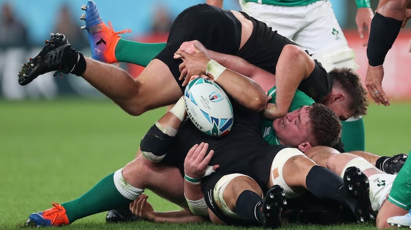 Tadhg Furlong loses the ball as he’s tackled. Photo: Billy Stickland/Inpho