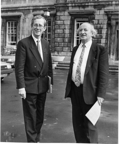 Emmet Stagg and Michael D Higgins of the Labour Party outside Leinster House in October 1988. Photograph: Jack McManus