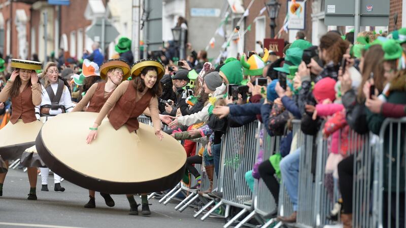 Wexford arts group Buí Bolg  at the St Patrick’s Day parade in Dublin. Photograph: Dara Mac Dónaill