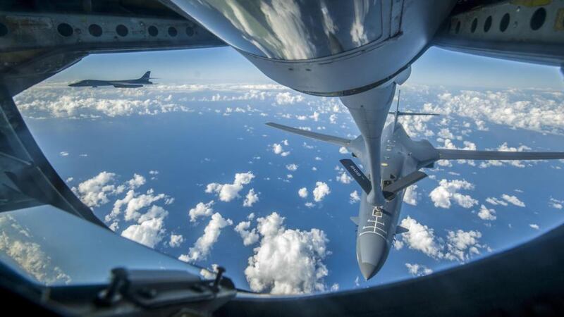 US bombers: a B-1B being refuelled over the East China Sea; US and South Korean aircraft flew off the east coast of North Korea on Saturday in a show of force. Photograph: Peter Reft/USAF/AFP/Getty