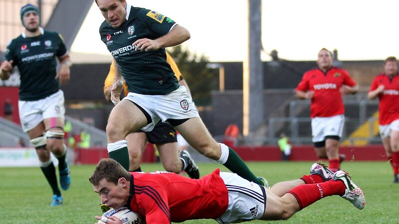 Scanlon scores a try against London Irish in a 2011 pre-season friendly. Photo: Billy Stickland/Inpho