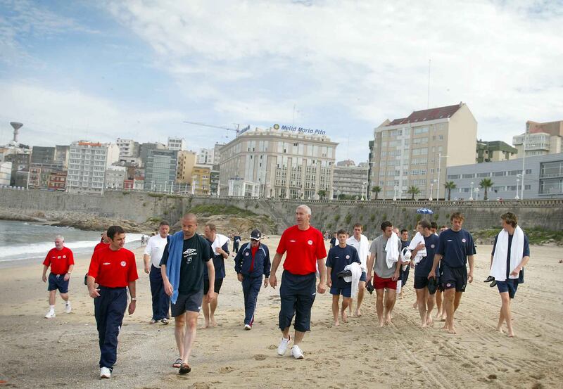 Shelbourne players relax on the beach in La Coruna before the Champions League qualifier clash in August, 2004. Photograph: Morgan Treacy/Inpho 