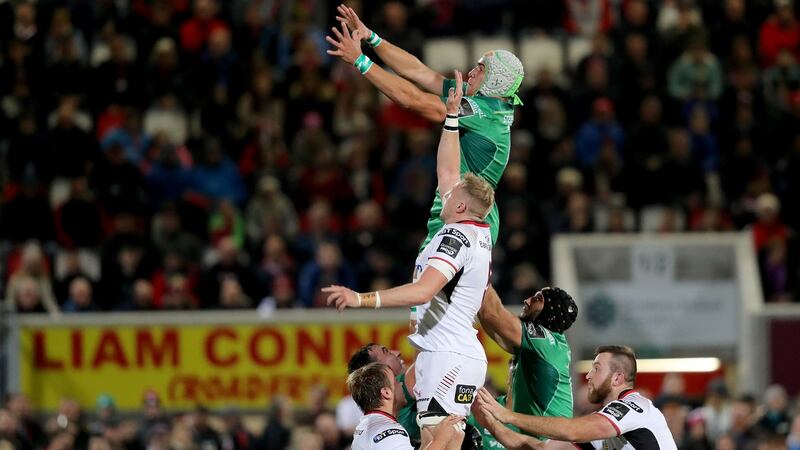 tConnacht’s Ultan Dillane and  Kieran Treadwell of Ulster contest for a lineout. Photograph: Dan Sheridan/Inpho