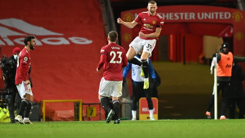 Scott McTominay celebrates scoring Manchester United’s third against Everton. Photograph: Michael Regan/Getty