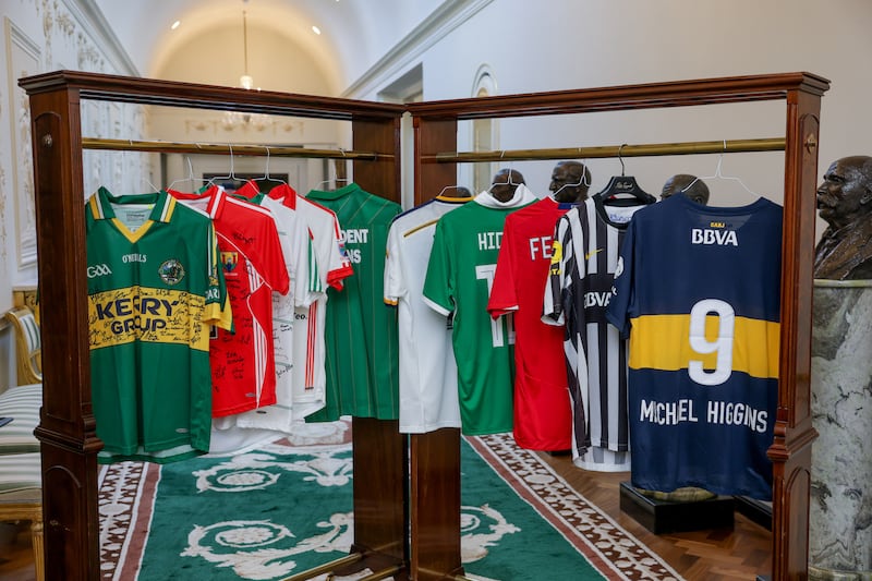 Some of the jerseys Michael D Higgins has received during his term. Photograph: Maxwell's
