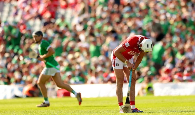 Tim O'Mahony looks dejected late in the game during the Munster championship defeat to Limerick at the TUS Gaelic Grounds, Limerick. Photograph: James Crombie/Inpho 