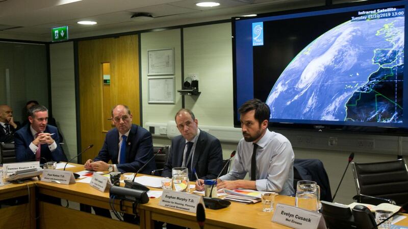 A meeting of the National Emergency Co-ordination Group (NECG) on Hurricane Lorenzo at the National Emergency Co-ordination in Agriculture House, Dublin. Photograph: Gareth Chaney/Collins