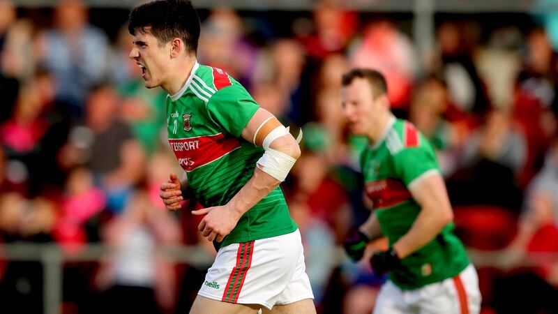 Mayo’s Conor Loftus after scoring his side’s first goal during the All-Ireland SFC qualifier against Down at Páirc Esler in Newry. Photograph: Ryan Byrne/Inpho