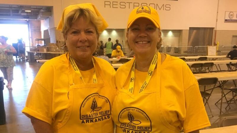 Jeri Holbrook and Ann Glover, part of a 70-strong group of volunteers from the Southern Baptist Convention  in Arkansas, at the NRG centre in Houston.