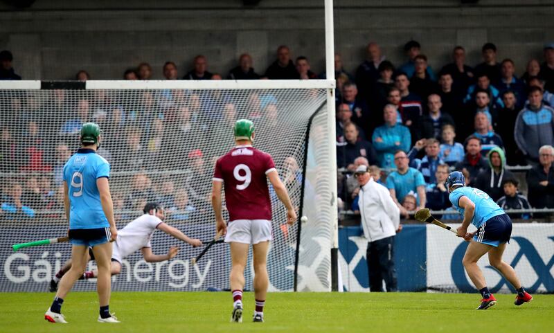 Dublin's Seán Moran scores a goal from a penalty against Galway at Parnell Park in 2019. Photograph: Ryan Byrne/Inpho