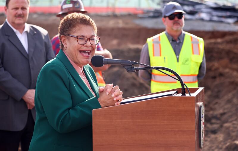 Los Angeles Mayor Karen Bass speaks at the podium at the Lorena Plaza  site where she signed an affordable housing executive directive on December 16th, in Los Angeles, California. Photograph: Mario Tama/Getty