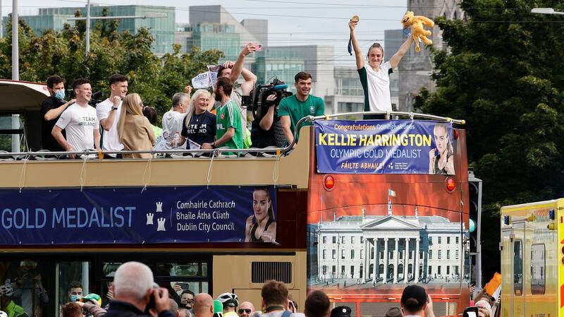 Kellie Harrington waves to fans as she returned to Portland Row on Tuesday following her success in Tokyo. Photograph: Alan Betson/The Irish Times