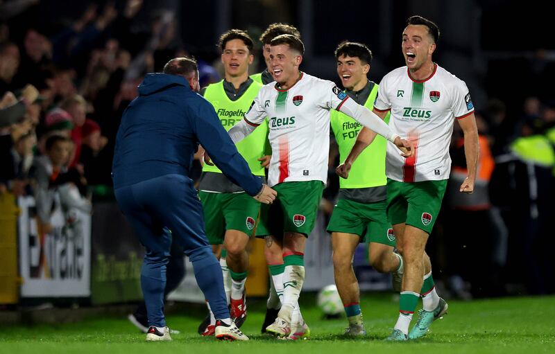 Evan McLaughlin celebrates scoring Cork City's third goal of the game. Photograph: Ryan Byrne/Inpho