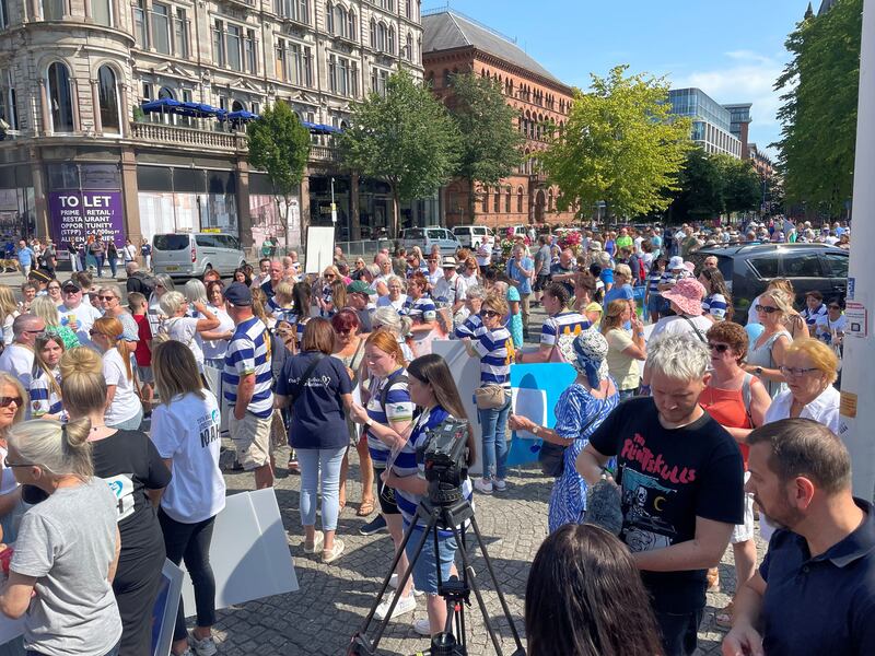 More than 1,000 people attended the protest outside Belfast City Hall. Photograph: Jonathan McCambridge/PA