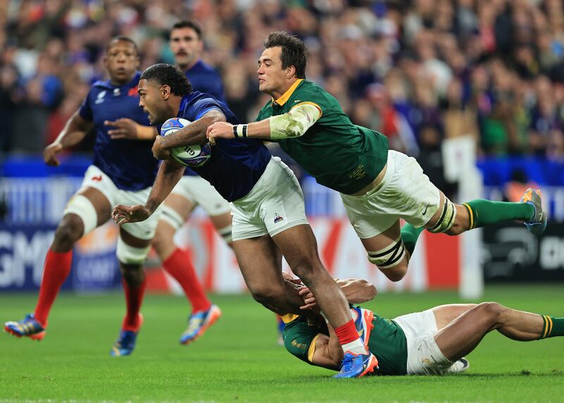 France’s Peato Mauvaka is tackled by South Africa's Franco Mostert during the sides' exciting quarter-final clash. There were four close and competitive quarter-finals despite the tournament's lopsided draw. Photograph: Billy Stickland/Inpho 