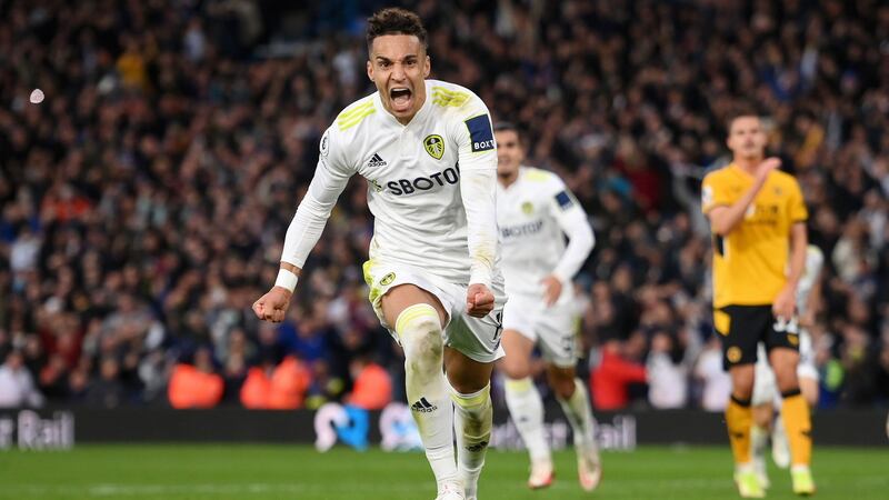 Rodrigo celebrates after scoring a late penalty in the Premier League game against Wolves at  Elland Road. Photograph: Stu Forster/Getty Images