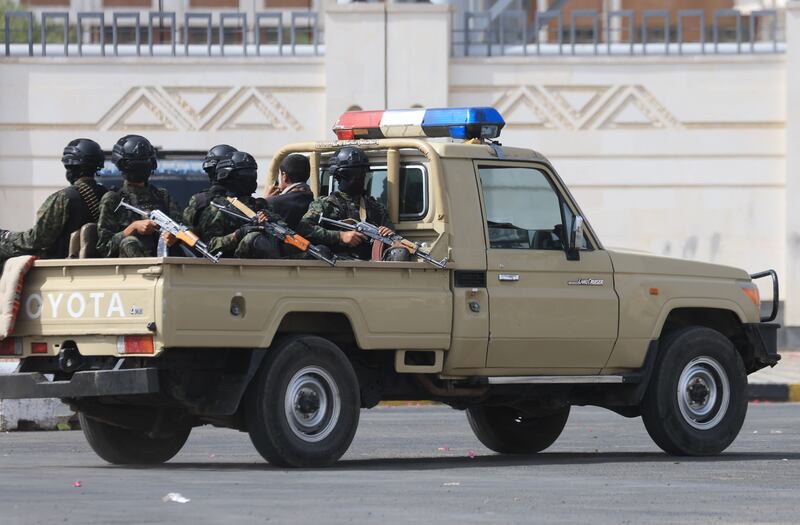 Houthi soldiers on patrol in a street in Sana'a, Yemen, on May 23rd. The Israeli military said on Sunday that it had intercepted a missile launched from Yemen towards the country. Photograph: Yahya Arhab/EPA-EFE
