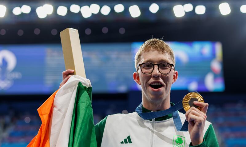 Ireland’s Daniel Wiffen celebrates with his gold medal. Photograph: James Crombie/Inpho