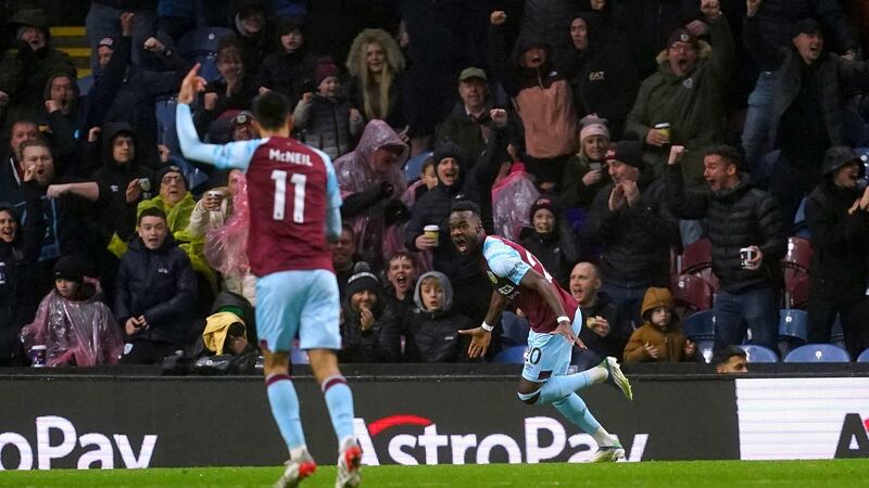 Burnley’s Maxwel Cornet celebrates scoring his side’s third against Crystal Palace. Photograph: Martin Rickett/PA