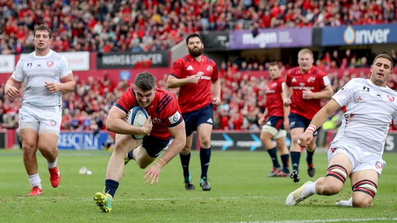 Munster’s Sam Arnold scores his side’s fourth try during the Heineken Champions Cup game at  Thomond Park. Photograph:  Dan Sheridan/Inpho