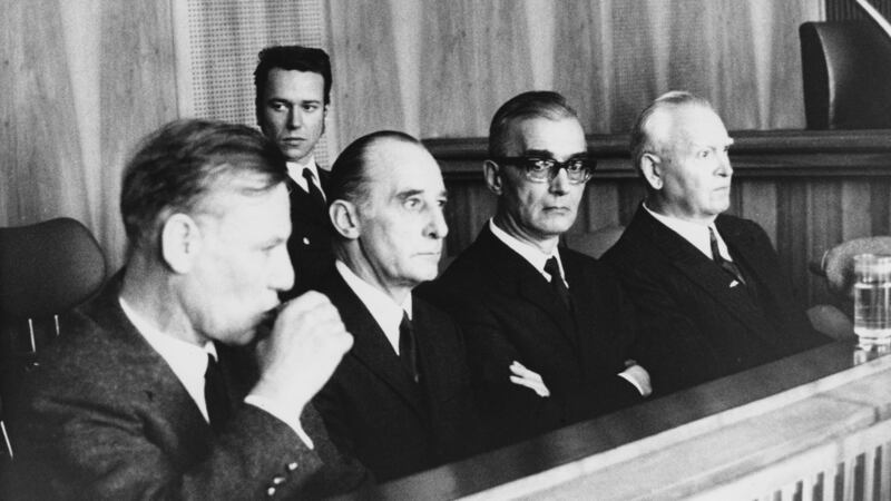 Former SS officers on trial for mass murder in Munich, 20th January 1970. The men were members of ‘Einsatzgruppen’, or mobile death squads tasked with the killing of Jews and communists behind the front line in Nazi-occupied eastern Europe during World War II. (Photo by Keystone/Hulton Archive/Getty Images)