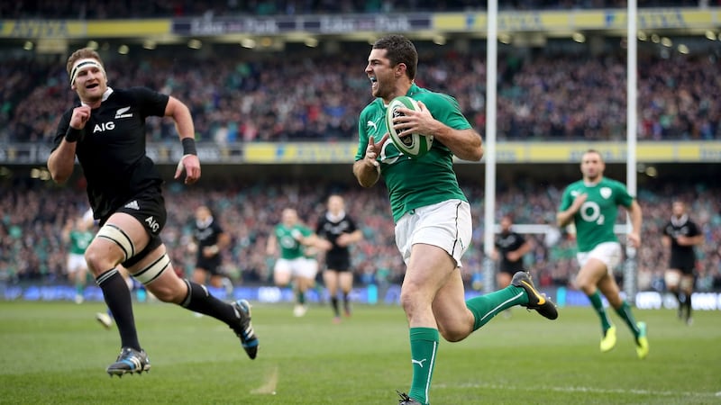 Rob Kearney scores a try against New Zealand in 2013. Photograph: Dan Sheridan/Inpho