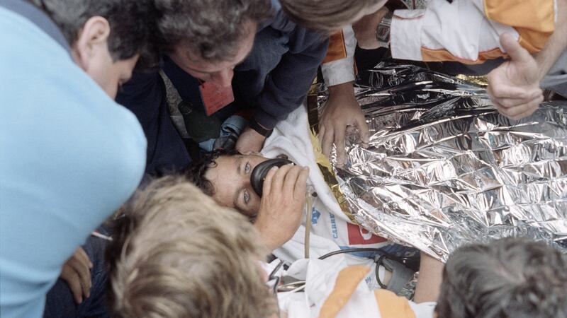 Stephen Roche is given oxygen after the remarkable finish to the 21st stage of the 1987 Tour de France. Photograph: AFP via Getty Images
