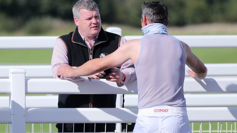 Davy Russell with Gordon Elliott after Chemical Energy’s Navan victory. Photograph: Niall Carson/PA