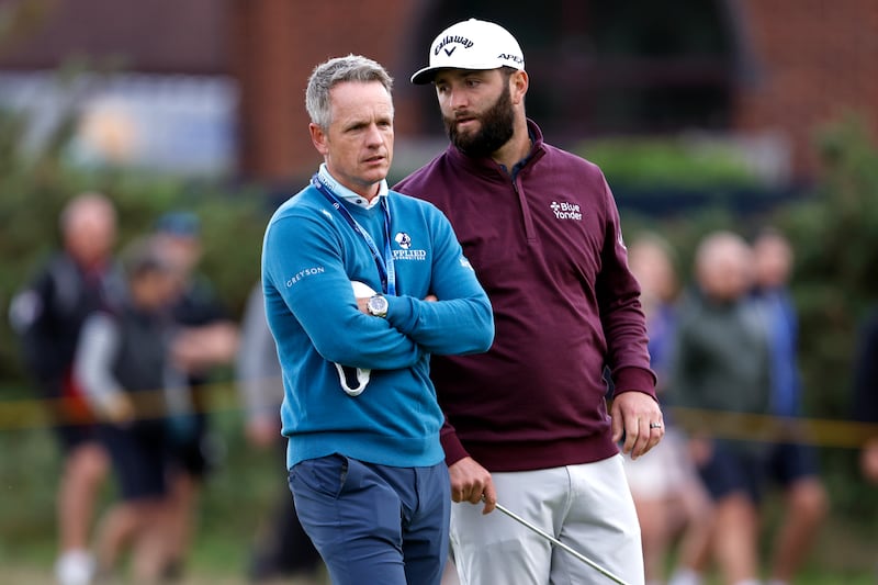 Ryder Cup captain Luke Donald and Spain's Jon Rahm during a practice round ahead of the Open at the Royal Liverpool, Wirral. Photograph: Richard Sellers/PA Wire