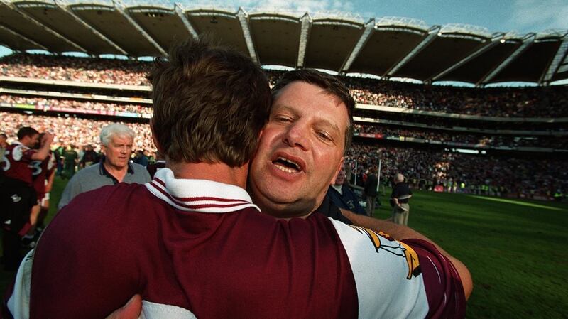 Manager John O’Mahony celebrates Galway’s All-Ireland final win over Meath in 2001. The county haven’t progressed beyond the quarter-final since. Photograph: Andrew Paton/Inpho
