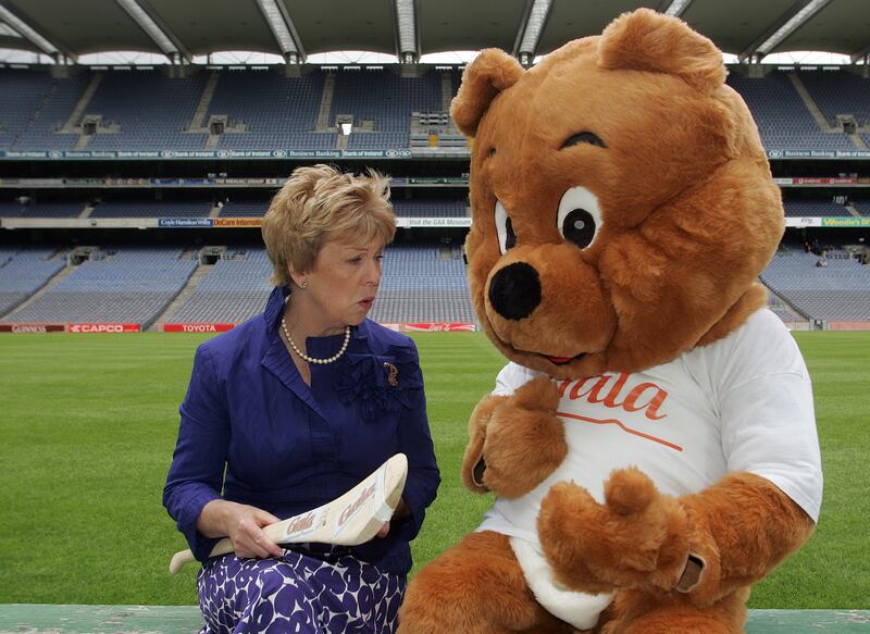 Liz Howard with the Gala mascot at the launch of the 2007 senior camogie championship at Croke Park. Photograph: Morgan Treacy/Inpho 
