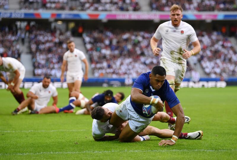 Nigel Ah-Wong scores Samoa 's first try during the Rugby World Cup against England at Stade Pierre Mauroy in Lille. Photograph: Mike Hewitt/Getty Images