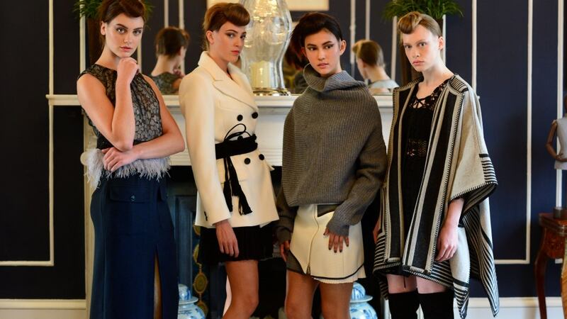 From left, Self Portrait lace grey metallic top with feathered trim and Self Portrait black wool longskirt; Isabel Marant Etolie coat with Maje black belt and black pleated smock dress; three floor skirt with Acne Studios Grey Rib Polo; and Self Portrait lace dress under MiH Collection Blanket Wrap. Photograph: Cyril Byrne