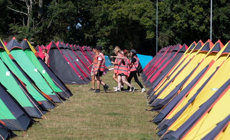 Festival staff were busy erecting tents ahead of festivalgoers arriving this weekend. Photograph: Colin Keegan/Collins Dublin