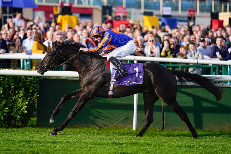 Ryan Moore aboard Auguste Rodin wins the Vertem Futurity Trophy Stakes at Doncaster Racecourse last October. The colt is a favourite to add the Derby to his list of successes, despite a poor show in the English 2000 Guineas. File photograph: Getty Images   