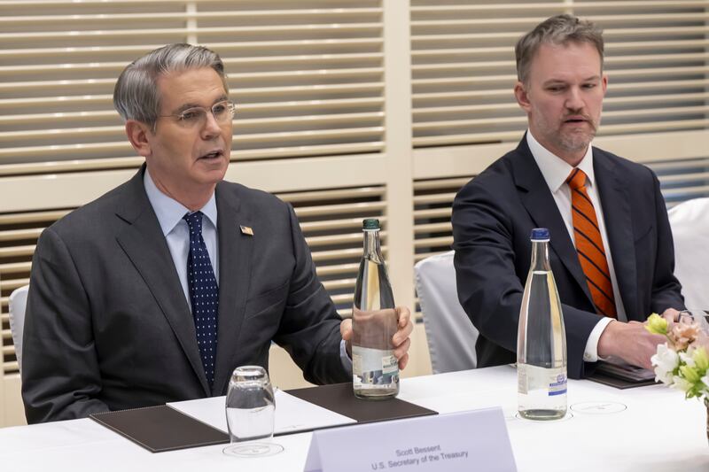 US treasury secretary Scott Bessent and trade representative Jamieson Greer in Geneva. Photograph: Martial Trezzini/Keystone/AP