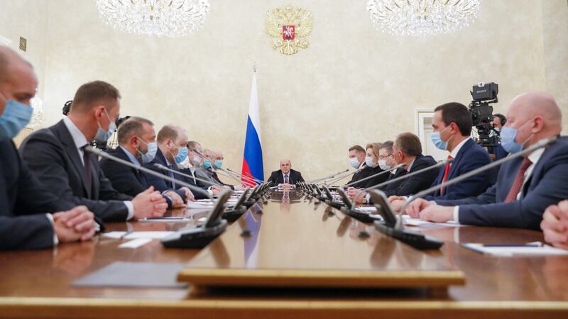 Russian prime minister Mikhail Mishustin (C) chairs a meeting of the bureau of the governmental board on vaccines against Covid-19, in Moscow on Saturday. Photograph:  Dmitry Astakhov/Sputnik/AFP