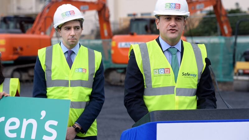 Taoiseach Leo Varadkar and Minister for Health Simon Harris mark the commencement of construction. Photograph: Dara Mac Donaill