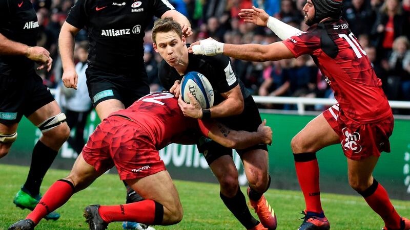 Liam Williams in action for Saracens against Lyon. Photograph: Jean-Philippe Ksiazek/Getty/AFP
