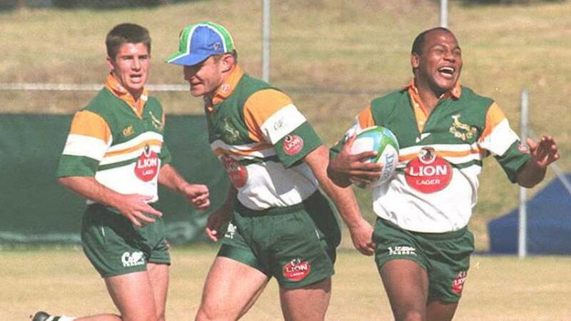 Joost van der Westhuizen, Francois Pienaar and Chester Williams joke during practice ahead of the 1995 Rugby World Cup final. Photograph:  Philip Littleton/AFP via Getty Images
