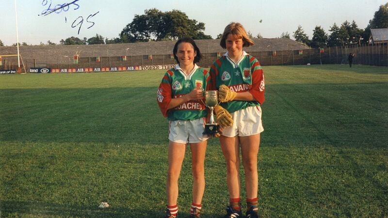 After winning the Under-16 Connacht title, Cora, right,  with her clubmate Michelle McGing. Photograph: Game Changer autobiography